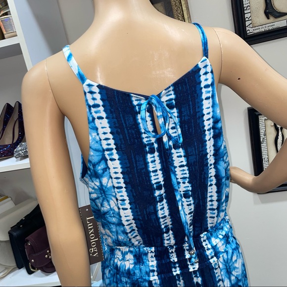 Luxology NWT! Blue/White Sleeveless Tie Back Stretch Tie-Dye Maxi Dress Size 12 - Picture 6 of 13